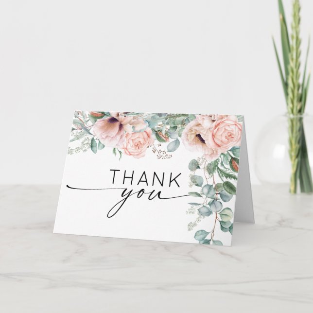 Tarjeta De Agradecimiento Agua Floral rosa ducha de novia (Anverso)
