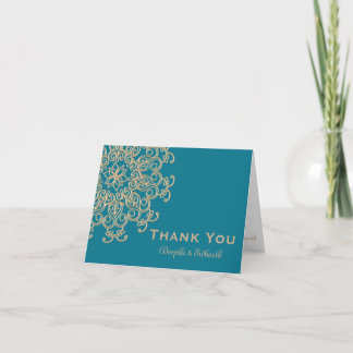 TARJETA DE AGRADECIMIENTO AGUA MARINA AZUL Y ORO GRACIAS POR LA BODA INDIA