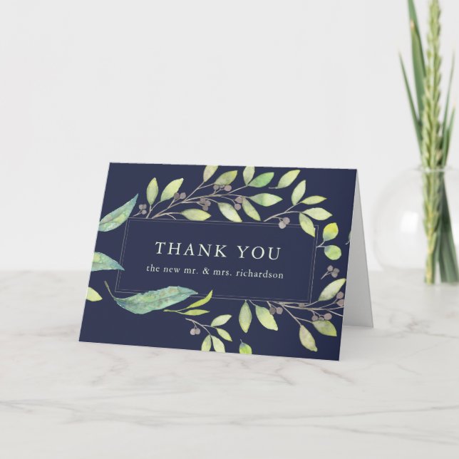 Tarjeta De Agradecimiento Agua verde Leafy | Midnight Blue Gracias (Anverso)