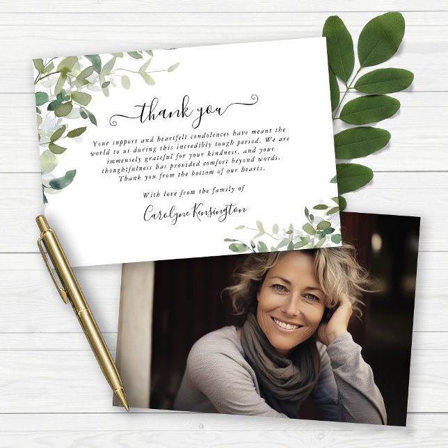 Tarjeta De Agradecimiento Agua, verde, solidaridad. (Watercolor Greenery Sympathy Photo Thank You Cards)