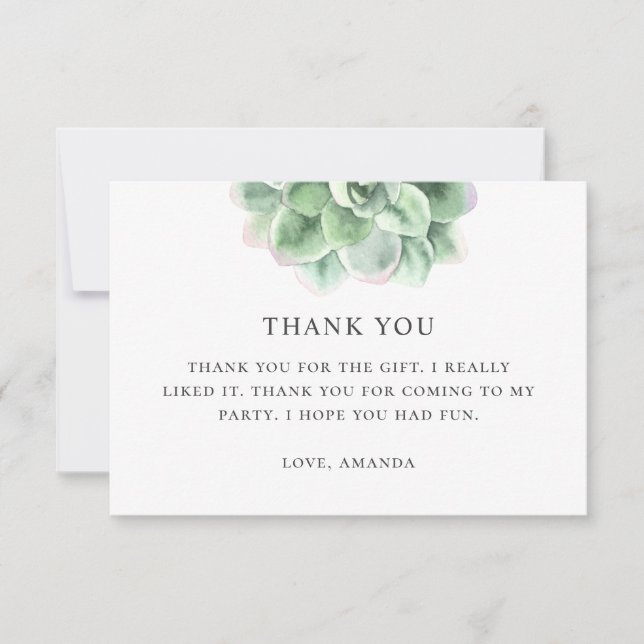 Tarjeta De Agradecimiento Agua verde suculenta. Cumpleaños del cactus floral (Anverso)