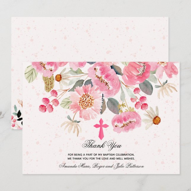 Tarjeta De Agradecimiento Aguabendita Niña Acuarela Floral Rosa (Anverso / Reverso)