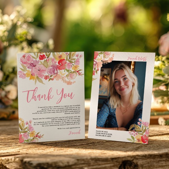 Tarjeta De Agradecimiento Aguaflor Lavanda Rosa Foto Floral Graduación (Pink Lavender Watercolor Floral Photo Graduation Thank You Card)
