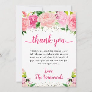 Tarjeta De Agradecimiento Aguamarina Flores de Verano Rosadas Baby Shower