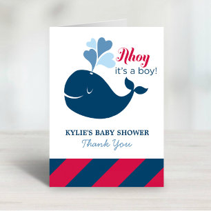 Tarjeta De Agradecimiento Ahoy, es un Baby Shower de ballena náutica de boy 