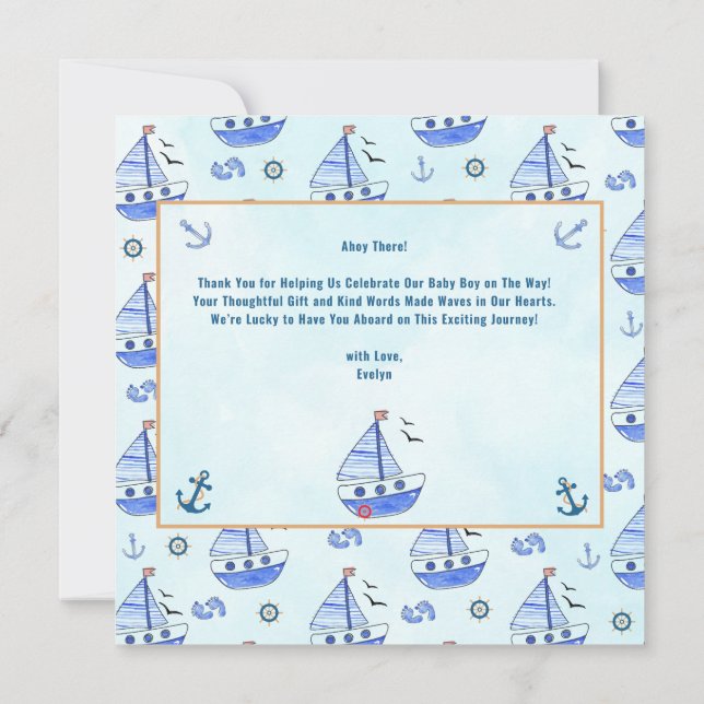 Tarjeta De Agradecimiento Ahoy es un Baby Shower Náutico de Boy Sailboat (Reverso)