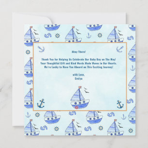Tarjeta De Agradecimiento Ahoy es un Baby Shower Náutico de Boy Sailboat