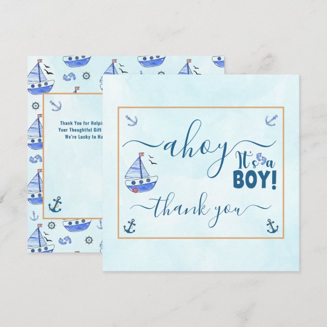 Tarjeta De Agradecimiento Ahoy es un niño barco náutico Baby Shower Tha (Anverso / Reverso)
