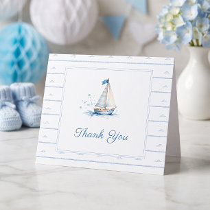 Tarjeta De Agradecimiento Ahoy es un niño. Ducha de bebé Barco de vela azul