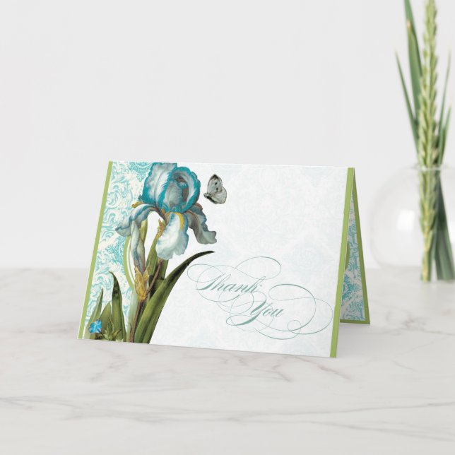 Tarjeta De Agradecimiento Aire azul Aqua Blue Iris Damask Quatrefoil Gracias (Anverso)