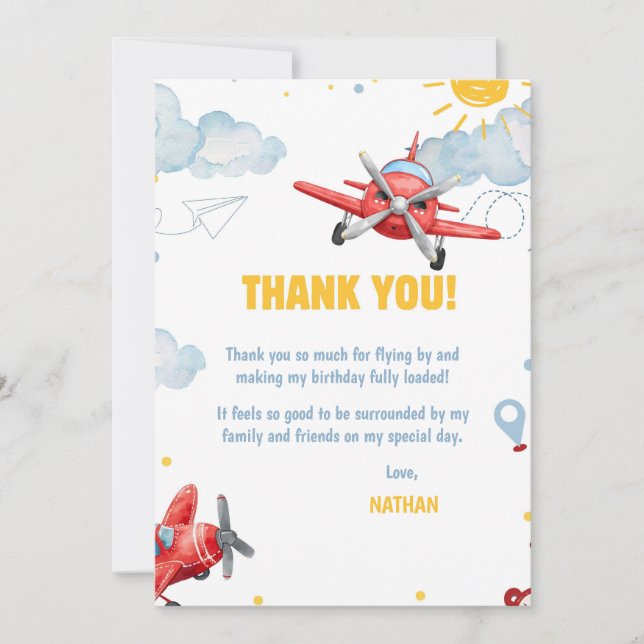 Tarjeta De Agradecimiento Airplane Aviation Any Age Birthday Party  (Anverso)