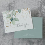 Tarjeta de agradecimiento Airy Greenery and Gold L<br><div class="desc">Esta carta de agradecimiento por la vegetación y la hoja de oro es perfecta para un boda moderno. El elegante diseño botánico presenta un eucalipto de acuarela clara y aireado, acentuado con hojas de purpurina dorada. Personalice la parte posterior de la tarjeta con sus nombres y un mensaje de agradecimiento....</div>