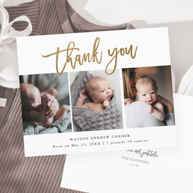 Tarjeta de agradecimiento al bebé 3 de la guía de  (Modern gold script 3 photo baby birth announcement thank you card.)