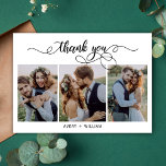 Tarjeta de agradecimiento al Boda de Collage de fo<br><div class="desc">Elegante Moda Moderna Caligrafía Script 3 Collage de fotos Boda Tarjeta De Agradecimiento. Elegante plantilla de boda de agradecimiento con 3 fotos en la parte delantera con el texto "Gracias" en una tipografía con letras brillantes a mano con tipografía guiones tipo swash tail font. tarjeta de dos caras en la...</div>