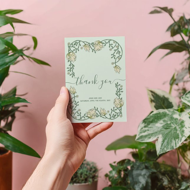 Tarjeta de agradecimiento al boda de cuadro de bon (Elegant Art Nouveau botanical frame wedding thank you card features thank you script photo)