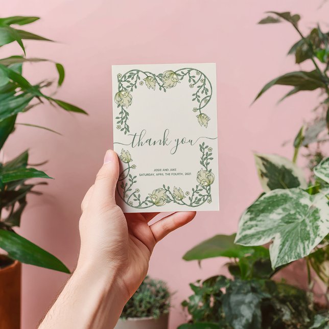 Tarjeta de agradecimiento al boda de cuadro de bon (Elegant Art Nouveau botanical frame wedding thank you card features thank you script and photo.)