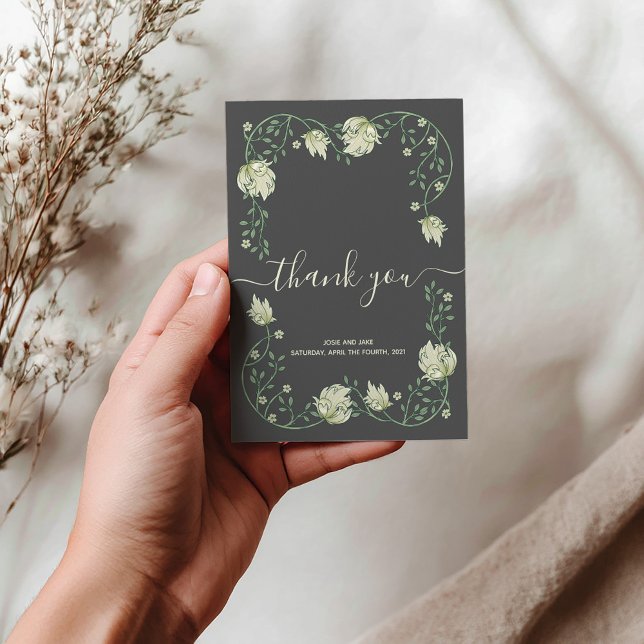 Tarjeta de agradecimiento al boda de cuadro de bon (Elegant Art Nouveau botanical frame wedding thank you card features thank you script and photo.)