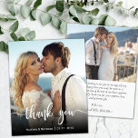 Tarjeta de agradecimiento al Boda de fotografías d<br><div class="desc">Boda de fotos con guiones bajos y bajos gracias a la elegante y elegante tarjeta de crédito de mano moderna. Modern Stylish boda gracias plantilla que incluye una foto vertical completa en el frente con el texto superpuesto "Gracias" en una letra manuscrita de tipografía escrita a mano en blanco en...</div>