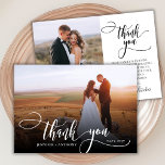 Tarjeta de agradecimiento al Boda de fotografías d<br><div class="desc">Moderna Moda Elegante Boho Calligraphy Script Boda 2 Foto Tarjeta De agradecimiento. Elegante plantilla de boda de agradecimiento que incluye una foto vertical completa en el frente con el texto "Gracias" en un caprichoso guion tipográfico con letras rápidas a mano que cambia el tamaño del guión de la cola de...</div>