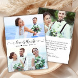 Tarjeta de agradecimiento al Boda de fotografías d<br><div class="desc">Budget Modern Elegant Love y Gracias Script 3 Collage de fotos Boda Gracias tarjeta delgada asequible de bajo presupuesto. Elegante plantilla de agradecimiento boda con 3 fotos en la parte delantera con texto de "Amor y Gracias" en caligrafía con letras a mano o tipografía guión de tipo de letra cruz...</div>