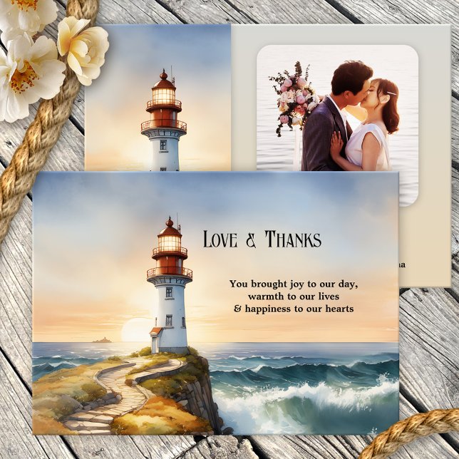 Tarjeta de agradecimiento al Boda de fotos costero (Nautical photo Wedding Thank You card featuring a watercolor painting of a lighthouse at sunset)