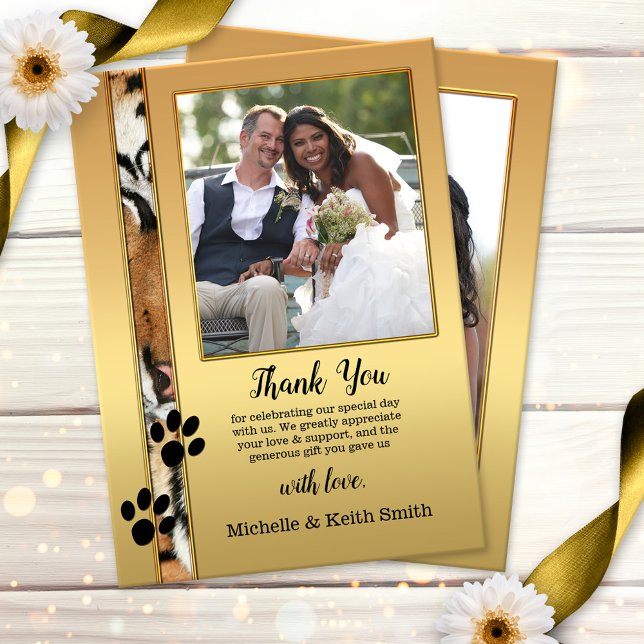Tarjeta de agradecimiento al Boda de fotos Tiger B (Wedding Thank You card featuring your photo on both sides with a gold design with tiger print)