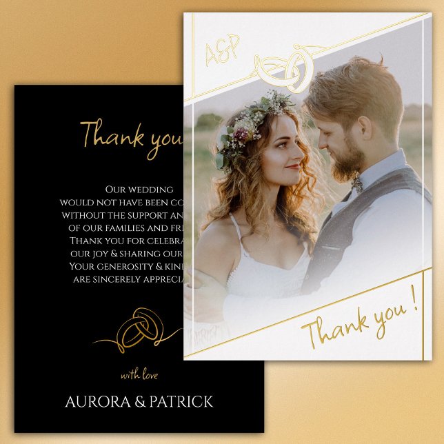 Tarjeta de agradecimiento al Boda de Relieve metal (Black White Gold Foil Wedding Photo Thank You Card)