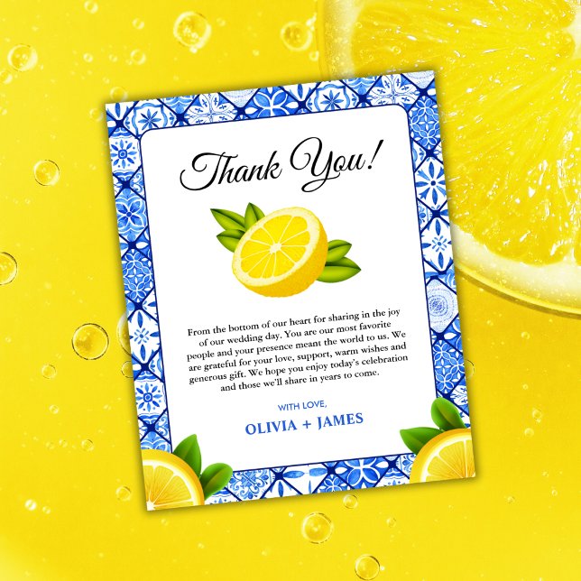 Tarjeta de agradecimiento al Boda italiano de limó (Mediterranean Italian Lemon Wedding Thank You Card )
