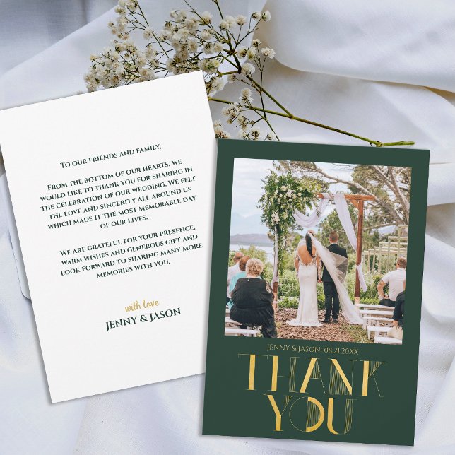 Tarjeta de agradecimiento al Boda moderno de fotos (Modern Emerald Gold Photo Wedding Thank You Card)