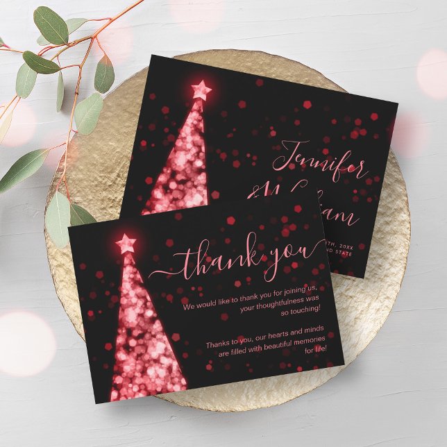 Tarjeta de agradecimiento al Boda negro rojo del á (Festive Xmas Tree Red Black Wedding Thank You Card)