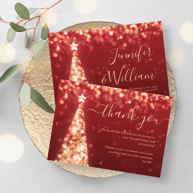 Tarjeta de agradecimiento al Boda Rojo Oro de Navi (Festive Xmas Tree Gold Red Wedding Thank You Card)