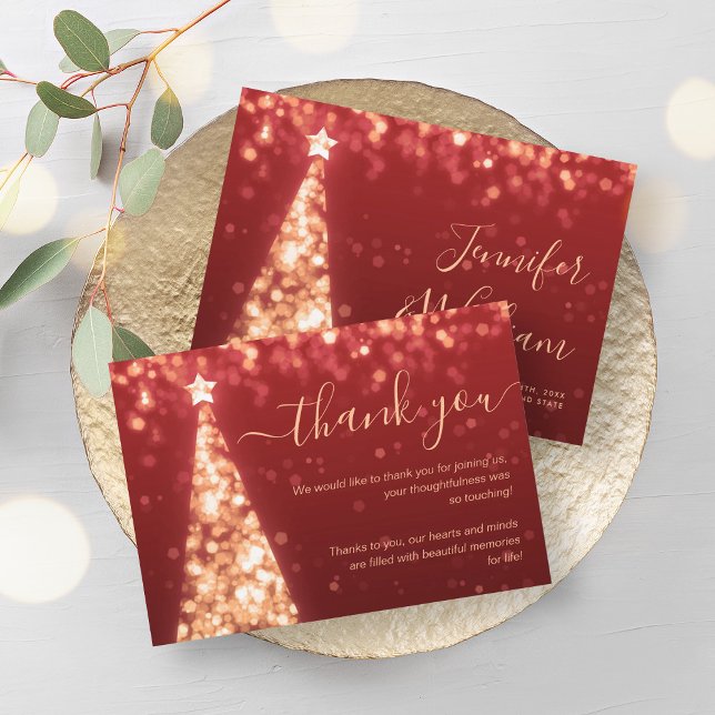 Tarjeta de agradecimiento al Boda Rojo Oro de Navi (Festive Xmas Tree Gold Red Wedding Thank You Card)