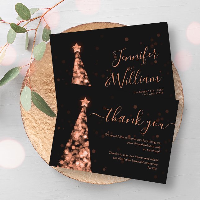 Tarjeta de agradecimiento al Boda Rosa de oro de N (Festive Xmas Tree Rose Gold Wedding Thank You Card)