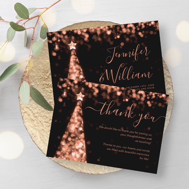 Tarjeta de agradecimiento al Boda Rosa de oro de N (Festive Xmas Tree Rose Gold Wedding Thank You Card)