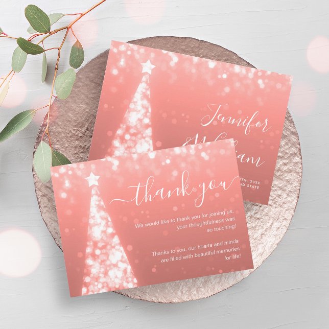 Tarjeta de agradecimiento al Boda Rosa de oro de N (Festive Xmas Tree Rose Gold Wedding Thank You Card)