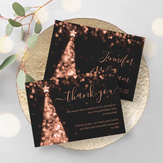 Tarjeta de agradecimiento al Boda Rosa de oro de N (Festive Xmas Tree Rose Gold Wedding Thank You Card)