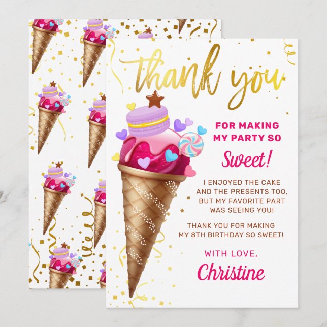 Tarjeta de agradecimiento al crema de hielo dulce  (Anverso / Reverso)