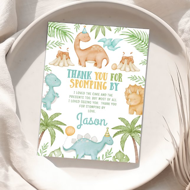 Tarjeta de agradecimiento al cumpleaños de los din (Editable Dinosaur Birthday Thank you Card, Dino Thank You Card Boy Thank You For Stomping By)