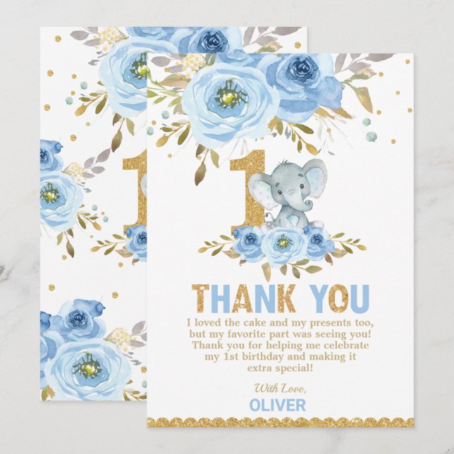 Tarjeta de agradecimiento al Elefante Floral Azul  (Anverso / Reverso)