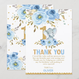 Tarjeta de agradecimiento al elefante Floral azul 