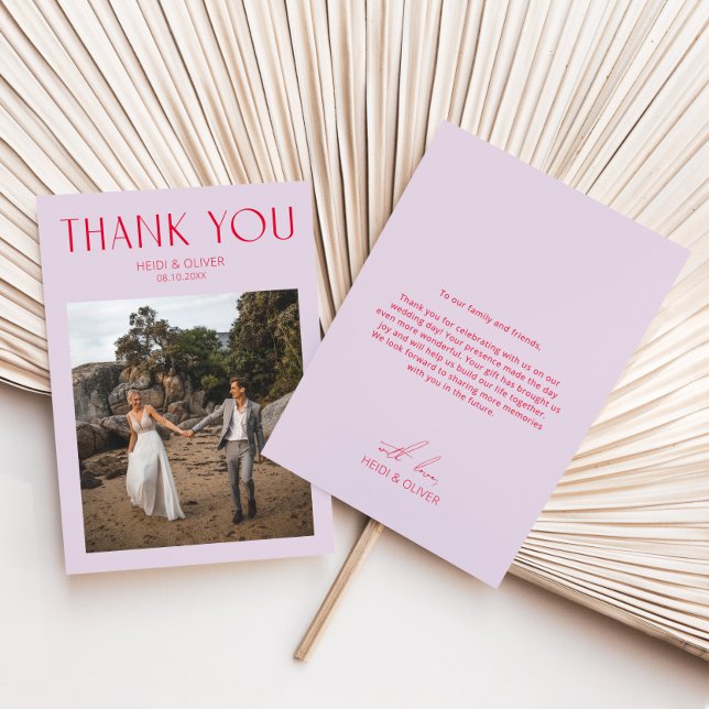 Tarjeta de agradecimiento al moderno Boda de fotos (Modern Purple Magenta Photo Wedding Thank You Card)