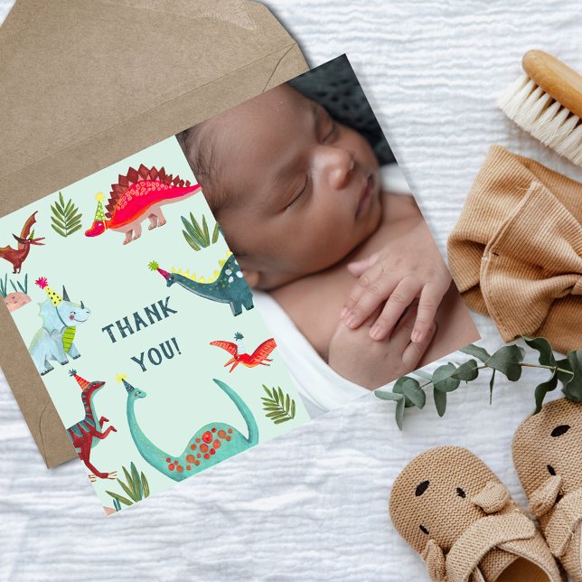 Tarjeta de agradecimiento al niño azul de los dino (Dinosaur blue boy babyshower photo thank you card)