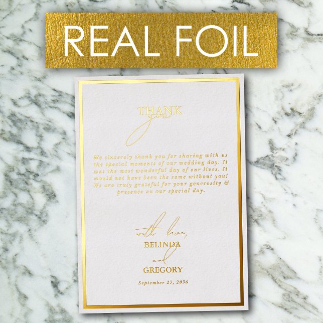 Tarjeta de agradecimiento al verdadero Boda de Rel (Real Gold Foil White & Gold Wedding Thank You Card)