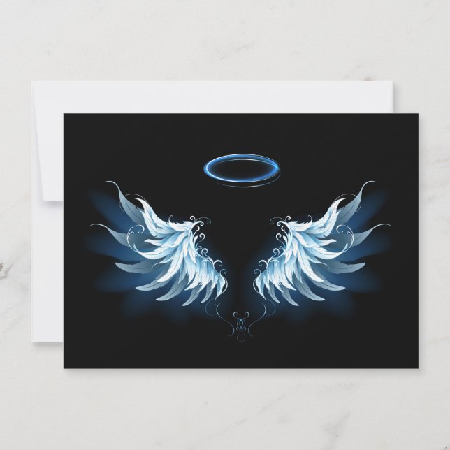 Tarjeta De Agradecimiento Alas del Ángel Azul brillante sobre fondo negro (Anverso)