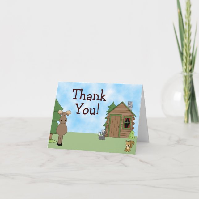 Tarjeta De Agradecimiento Alce dulce, animales forestales y cabaña (Anverso)