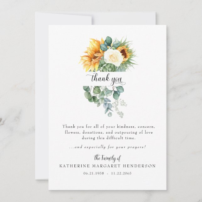 Tarjeta De Agradecimiento Alegre Funeral De Bereavement Sunflower Gracias (Anverso)
