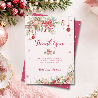 Tarjeta De Agradecimiento Alegre pequeño lazo rojo de invierno Navidad Baby