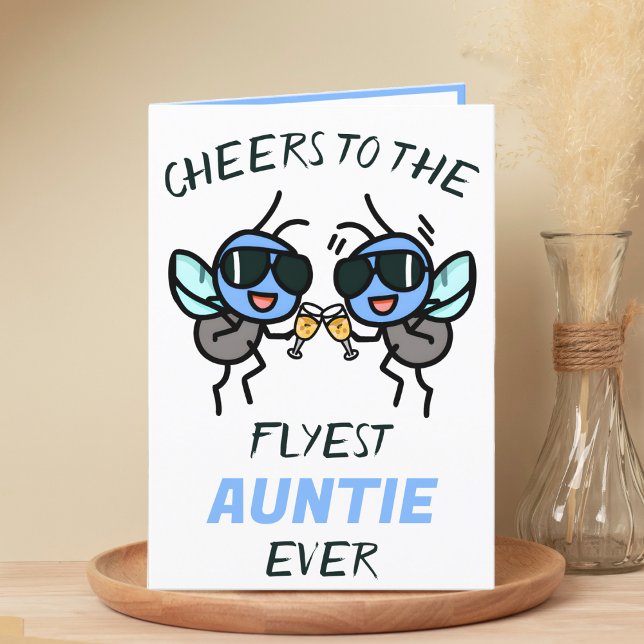 Tarjeta De Agradecimiento Alegría divertida de moscas para aburrir el cumple (funny cheers to the flyest aunt birthday card with two flies wearing sunglasses giving a toast)