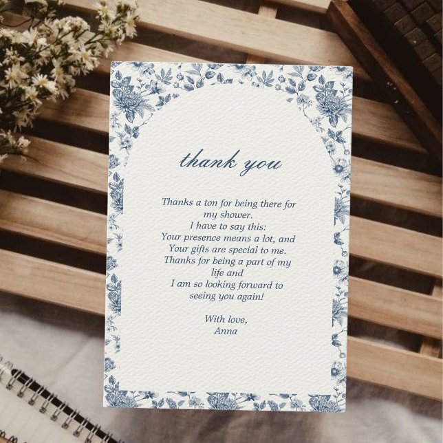 Tarjeta De Agradecimiento Algo azul antes de hacer Bridal Shower Floral (thank you bridal shower card something blue before i do" chinoiserie victorian art foile blue)