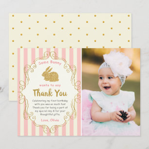 Tarjeta De Agradecimiento Algun Conejo Cumpleaños Rosa y Dorado Foto Gracias